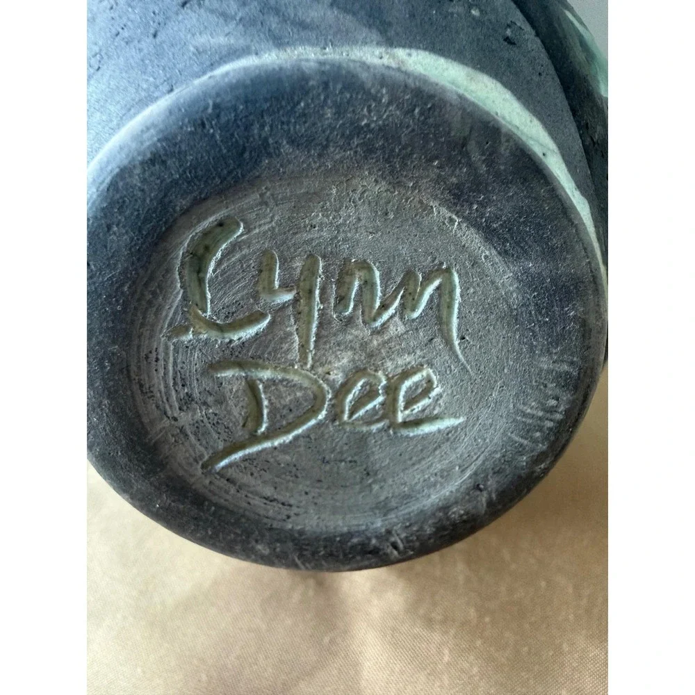 Lynn Dee Studio Pottery Raku Lidded Jar Green Grey Abstract Leaf Signed Art Ware